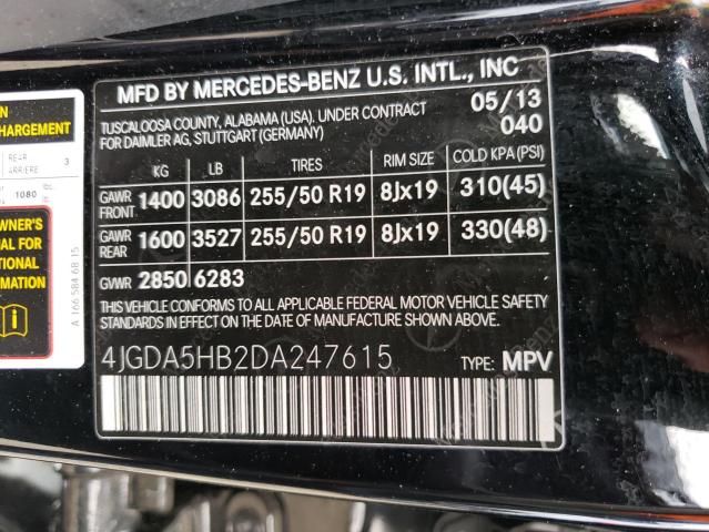 4JGDA5HB2DA247615 - 2013 MERCEDES-BENZ ML 350 4MATIC BLACK photo 12