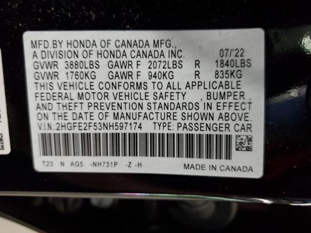 2HGFE2F53NH597174 - 2022 HONDA CIVIC SPORT 黑色 照片 13