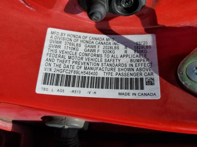 2HGFC2F89LH548400 - 2020 HONDA CIVIC SPORT 红色 照片 12