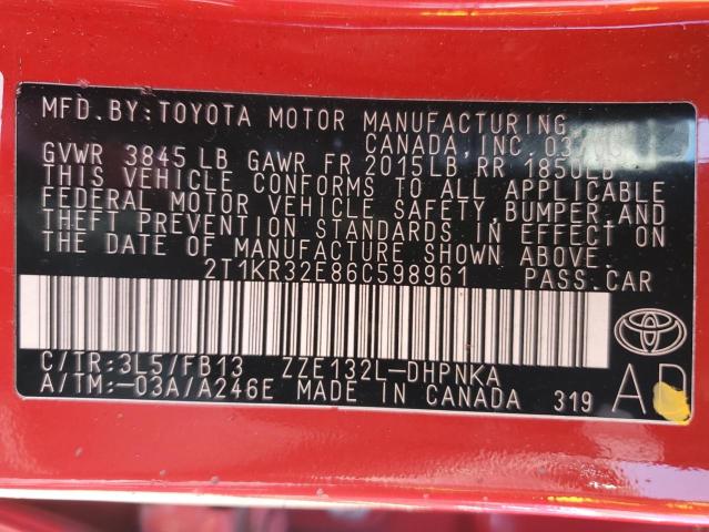 2T1KR32E86C598961 - 2006 TOYOTA COROLLA MA XR Червоний фото 12