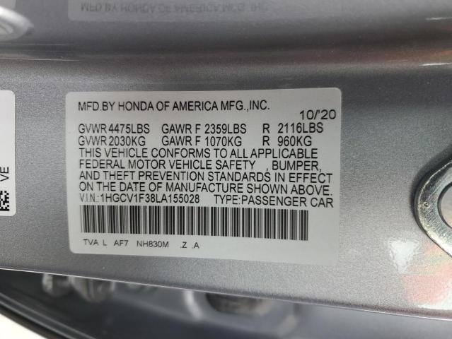 1HGCV1F38LA155028 - 2020 HONDA ACCORD SPORT SILVER photo 12