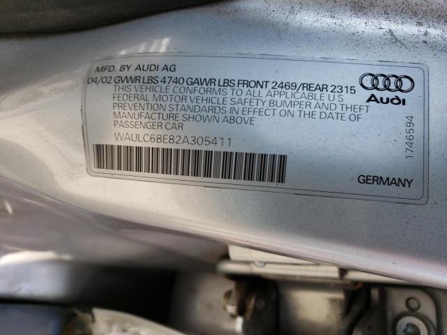 WAULC68E82A305411 - 2002 AUDI A4 1.8T QUATTRO SILVER photo 12