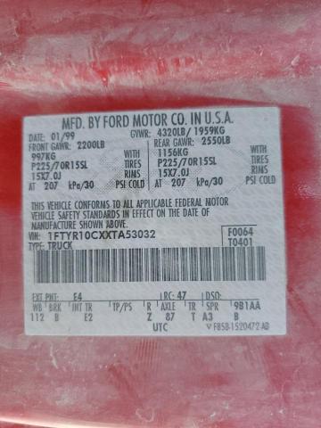 1FTYR10CXXTA53032 - 1999 FORD RANGER RED photo 12