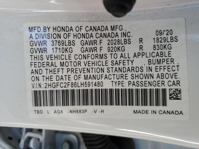 2HGFC2F86LH591480 - 2020 HONDA CIVIC SPORT 白色 照片 12