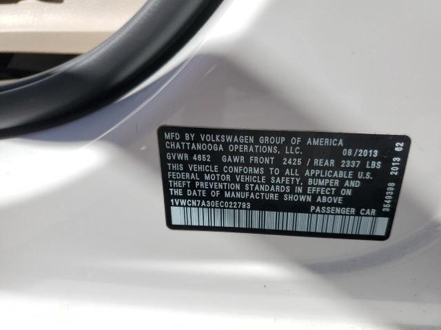 1VWCN7A30EC022793 - 2014 VOLKSWAGEN PASSAT SEL WHITE photo 12