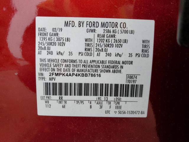 2FMPK4AP4KBB78616 - 2019 FORD EDGE ST MAROON photo 13