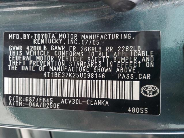4T1BE32K25U098146 - 2005 TOYOTA CAMRY LE მწვანე ფოტო 12