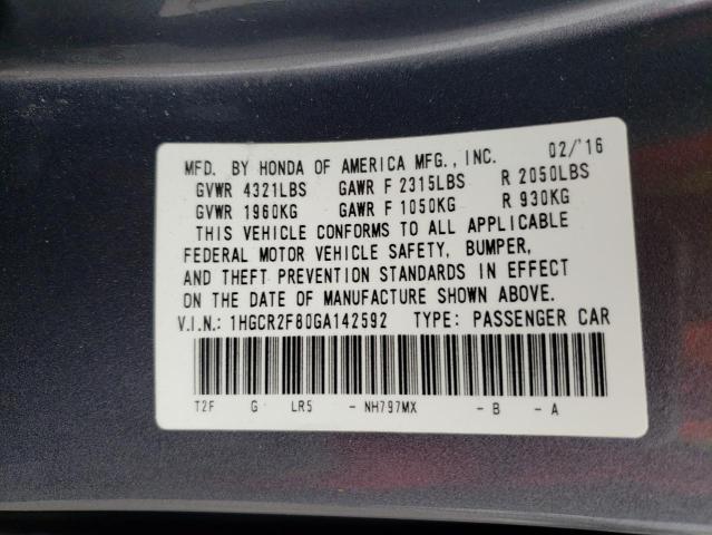 1HGCR2F80GA142592 - 2016 HONDA ACCORD EXL GRAY photo 12