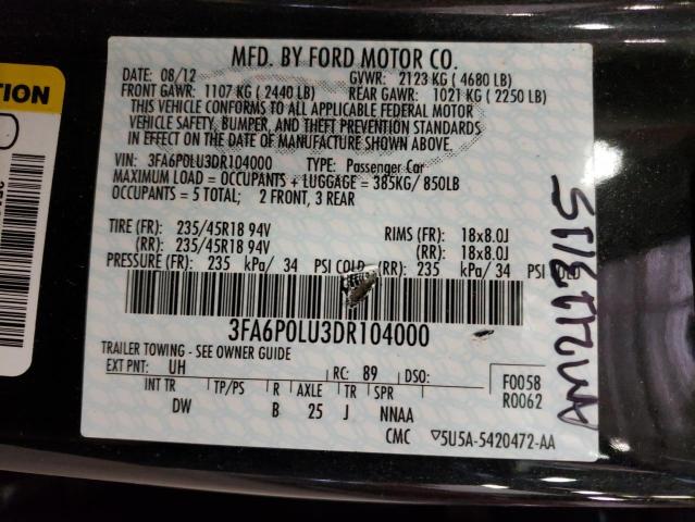 3FA6P0LU3DR104000 - 2013 FORD FUSION SE HYBRID BLACK photo 12