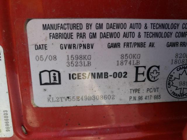 KL2TV55E49B308602 - 2009 PONTIAC G3 WAVE RED photo 12