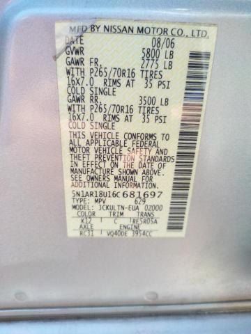 5N1AR18U16C681697 - 2006 NISSAN PATHFINDER LE SILVER photo 12