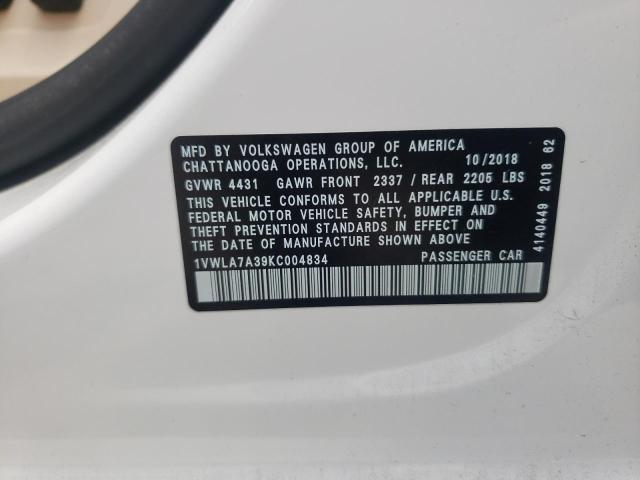 1VWLA7A39KC004834 - 2019 VOLKSWAGEN PASSAT WOLFSBURG WHITE photo 12