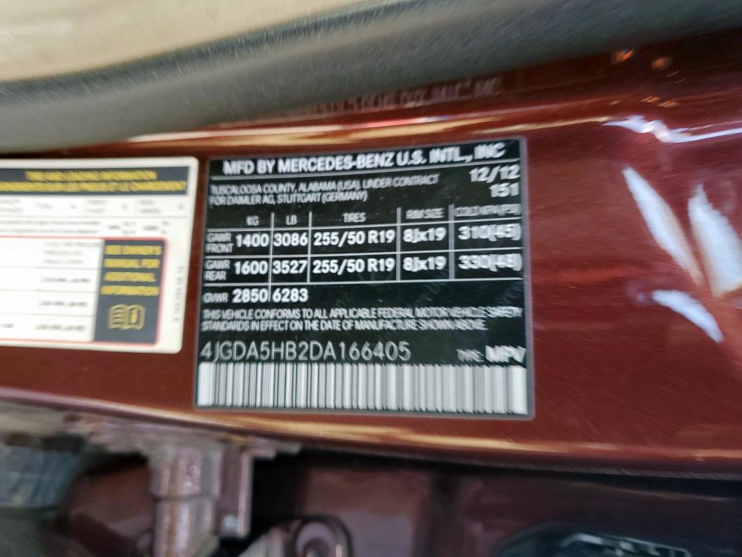 4JGDA5HB2DA166405 - 2013 MERCEDES-BENZ ML 350 4MATIC BURGUNDY photo 13