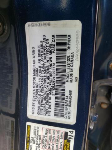 2T1KR32E24C296773 - 2004 TOYOTA COROLLA MA XR BLUE photo 12