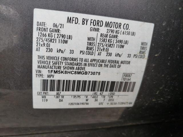 1FM5K8HC8MGB73075 - 2021 FORD EXPLORER PLATINUM GRAY photo 13