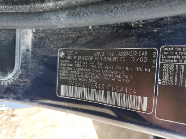 WBADT63431CF04424 - 2001 BMW 530 I AUTOMATIC BLUE photo 12