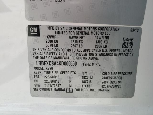 LRBFXCSA4KD000560 - 2019 BUICK ENVISION ESSENCE Սպիտակ լուսանկար 13