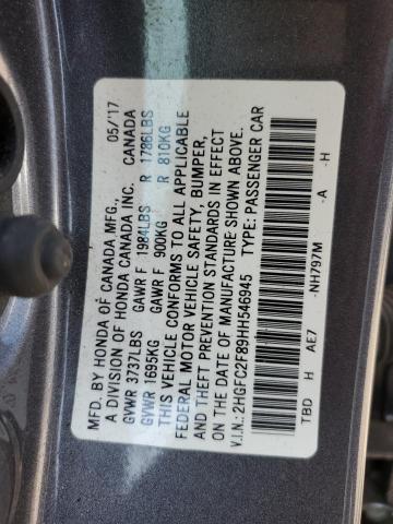 2HGFC2F89HH546945 - 2017 HONDA CIVIC EX GRAY photo 13