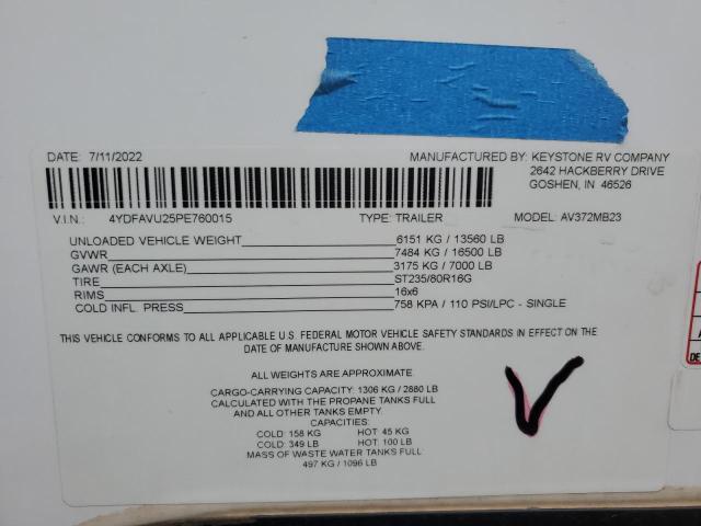 4YDFAVU25PE760015 - 2023 KEYSTONE AVALANCHE თეთრი ფოტო 10