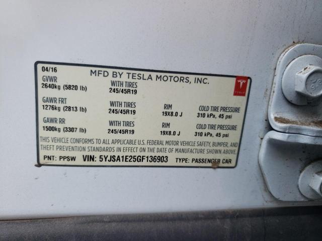 5YJSA1E25GF136903 - 2016 TESLA MODEL S Սպիտակ լուսանկար 12