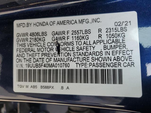 19UUB5F40MA010760 - 2021 ACURA TLX TECHNOLOGY 蓝色 照片 12