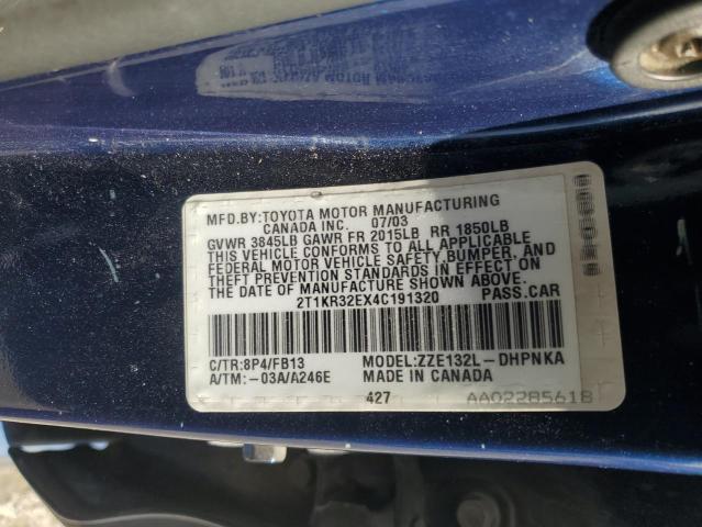 2T1KR32EX4C191320 - 2004 TOYOTA COROLLA MA XR BLUE photo 13