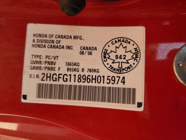 2HGFG11896H015974 - 2006 HONDA CIVIC EX RED photo 12