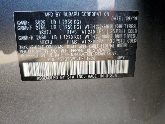 4S4BTGPD7L3117381 - 2020 SUBARU OUTBACK TOURING LDL Մոխրագույն լուսանկար 12