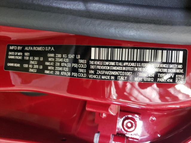 ZASPAKBN6N7D31087 - 2022 ALFA ROMEO STELVIO TI RED photo 13
