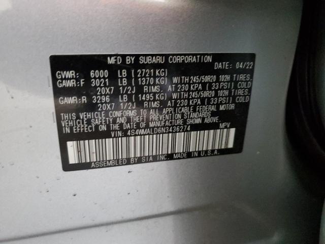 4S4WMALD6N3436274 - 2022 SUBARU ASCENT LIMITED SILVER photo 13