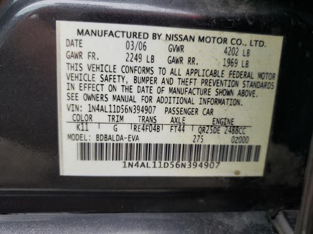 1N4AL11D56N394907 - 2006 NISSAN ALTIMA S GRAY photo 10