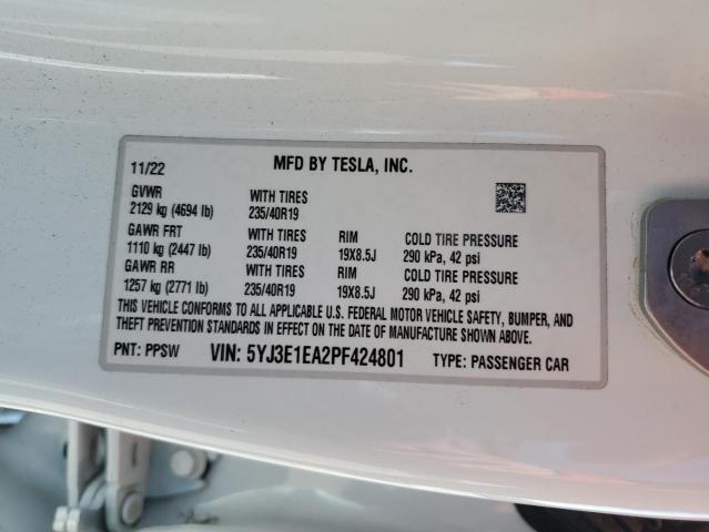 5YJ3E1EA2PF424801 - 2023 TESLA MODEL 3 WHITE photo 12