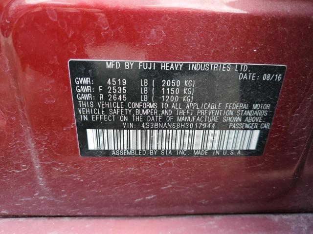 4S3BNAN68H3017944 - 2017 SUBARU LEGACY 2.5I LIMITED RED photo 12