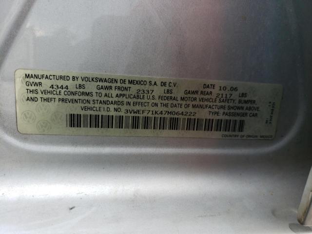 3VWEF71K47M064222 - 2007 VOLKSWAGEN JETTA WOLFSBURG 银色 照片 12