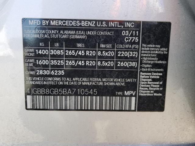 4JGBB8GB5BA710545 - 2011 MERCEDES-BENZ ML 350 4MATIC SILVER photo 13