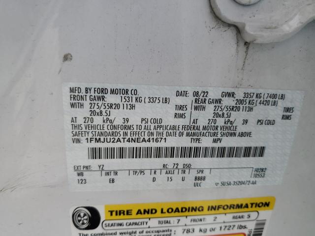 1FMJU2AT4NEA41671 - 2022 FORD EXPEDITION LIMITED WHITE photo 14