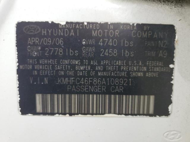 KMHFC46F86A108921 - 2006 HYUNDAI AZERA SE WHITE photo 12