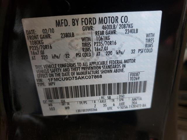 1FMCU9D75AKC07868 - 2010 FORD ESCAPE XLT BLACK photo 13