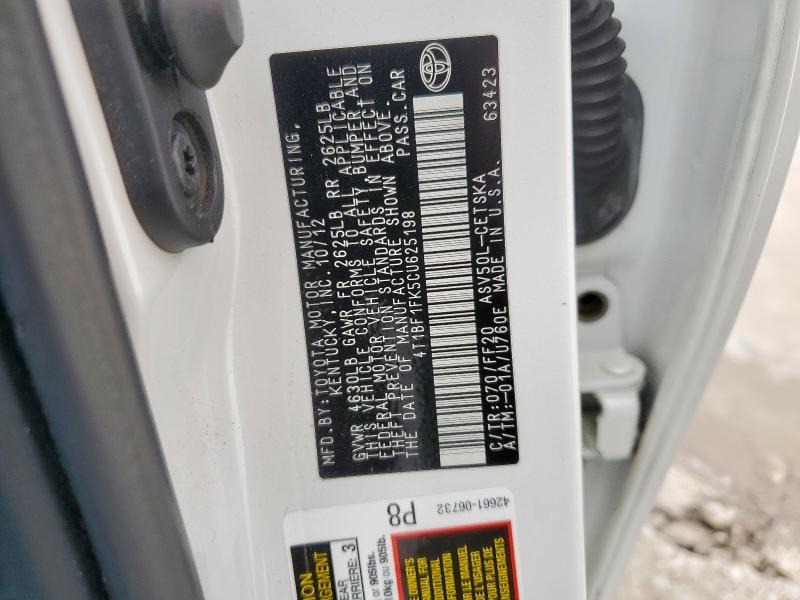 4T1BF1FK5CU625198 - 2012 TOYOTA CAMRY BASE WHITE photo 13