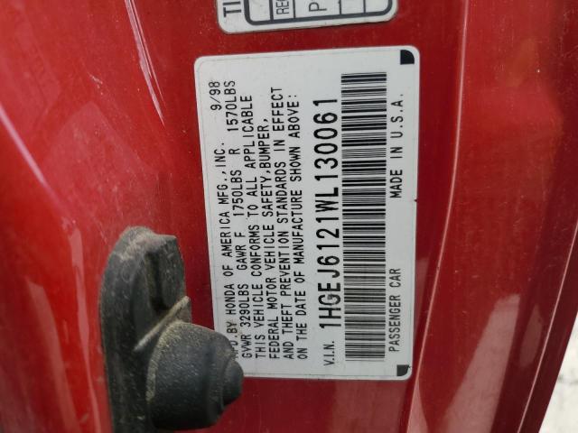 1HGEJ6121WL130061 - 1998 HONDA CIVIC DX RED photo 12