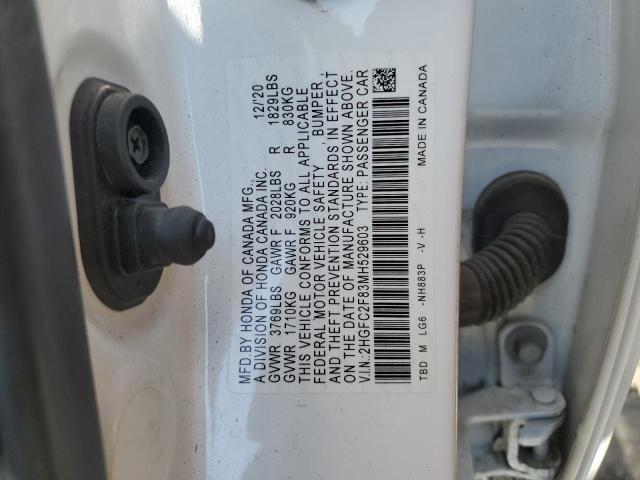 2HGFC2F83MH529603 - 2021 HONDA CIVIC SPORT WHITE photo 12
