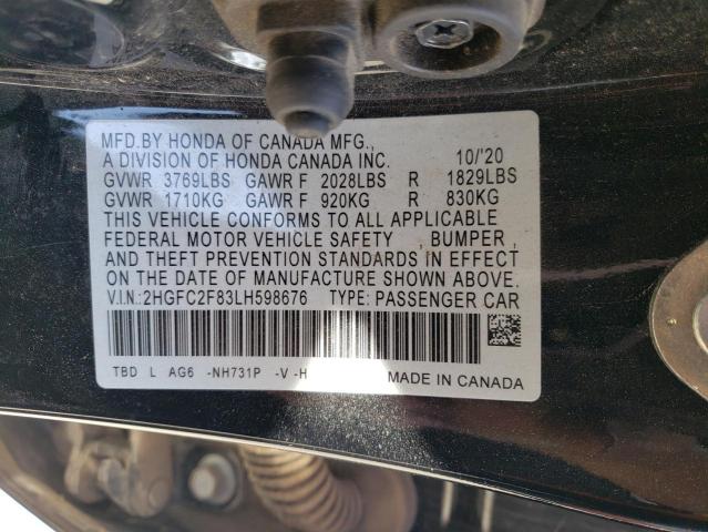 2HGFC2F83LH598676 - 2020 HONDA CIVIC SPORT 黑色 照片 12
