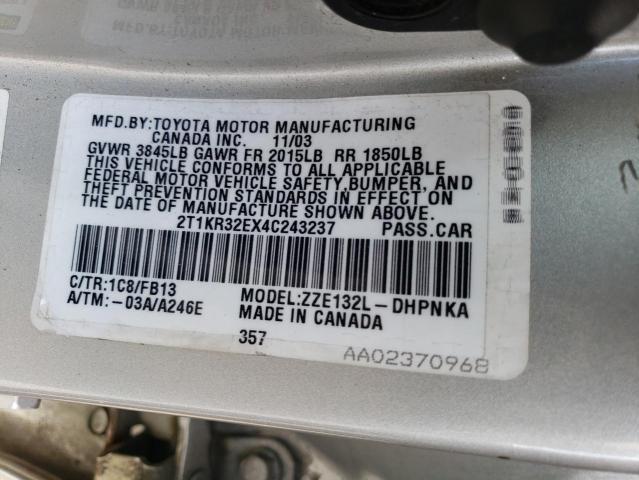 2T1KR32EX4C243237 - 2004 TOYOTA COROLLA MA XR SILVER photo 14