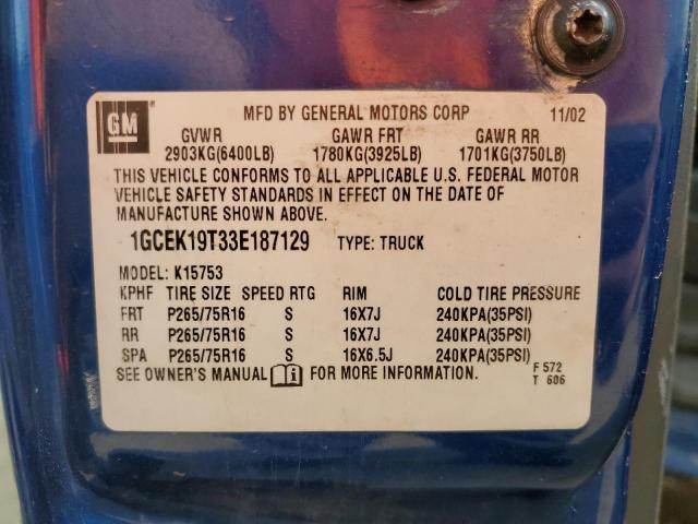 1GCEK19T33E187129 - 2003 CHEVROLET SILVERADO K1500 BLUE photo 12