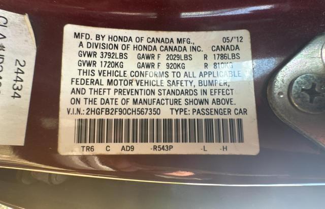 2HGFB2F90CH567350 - 2012 HONDA CIVIC EXL MAROON photo 10