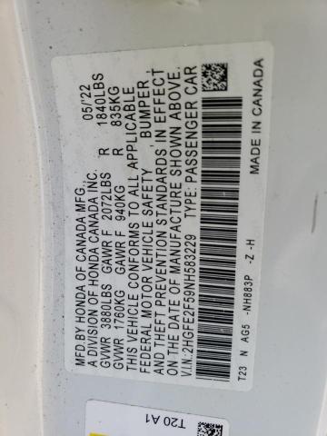 2HGFE2F59NH583229 - 2022 HONDA CIVIC SPORT 白色 照片 12