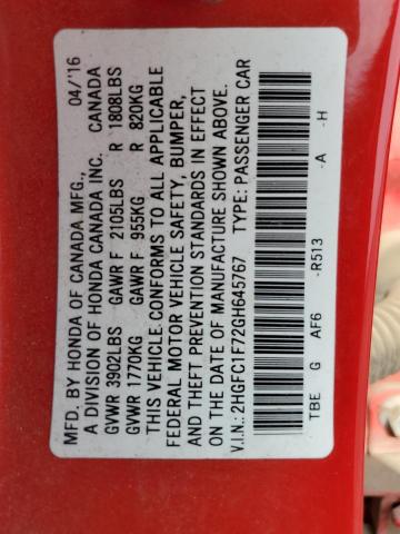 2HGFC1F72GH645767 - 2016 HONDA CIVIC EXL 红色 照片 12