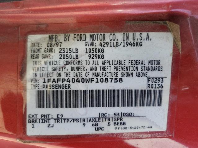 1FAFP4040WF108758 - 1998 FORD MUSTANG RED photo 12