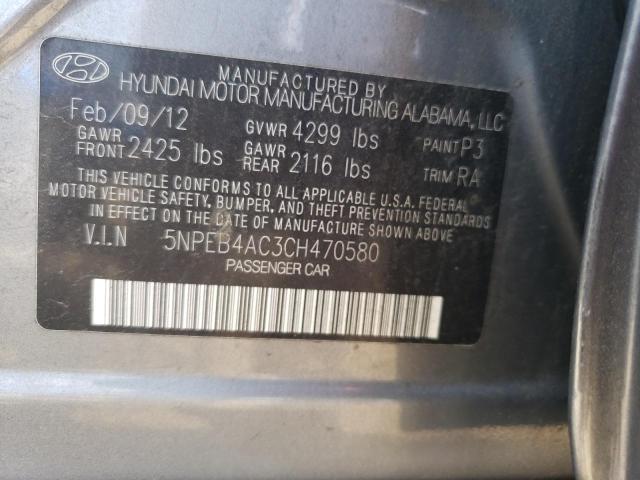 5NPEB4AC3CH470580 - 2012 HYUNDAI SONATA GLS GRAY photo 12