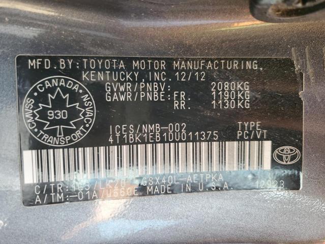 4T1BK1EB1DU011375 - 2013 TOYOTA AVALON BASE GRAY photo 12